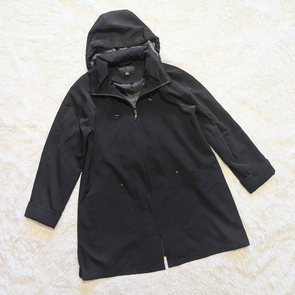 Y2K Vintage Portrait Black Zip Trench Oversize Rain Jacket Size Petite Small